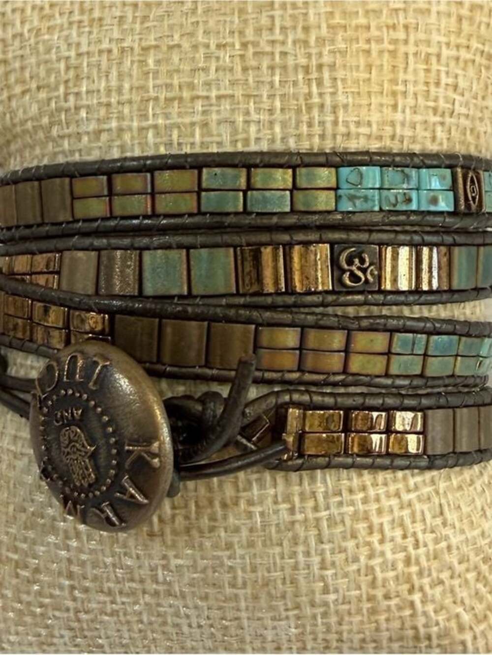 Karma and Luck Beaded Wrap Bracelet in Turquoise-Green and Brass